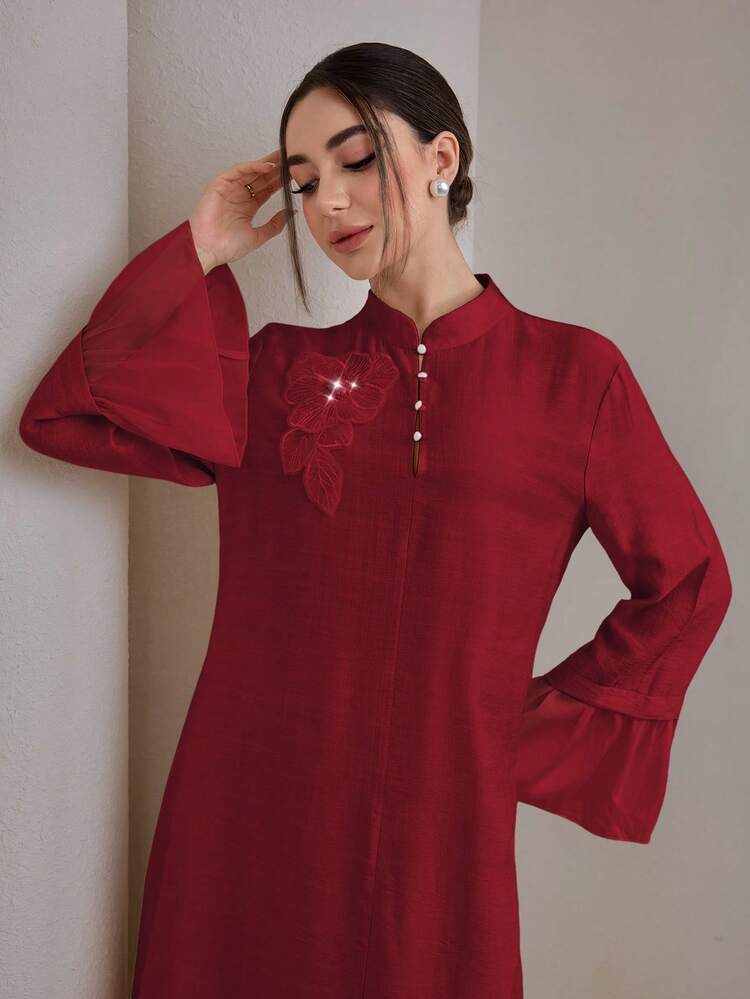 Graceveil 2件套女士优雅立领荷叶边袖口长袖套装端庄 - 酒紅色 - 查看 8