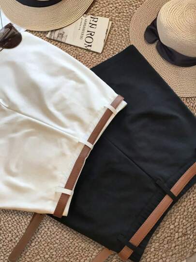 SHEIN Women's Plus Size Black White Brown Shorts Commute Office Formal Casual Traditional Outdoor (No Belt Included) Summer