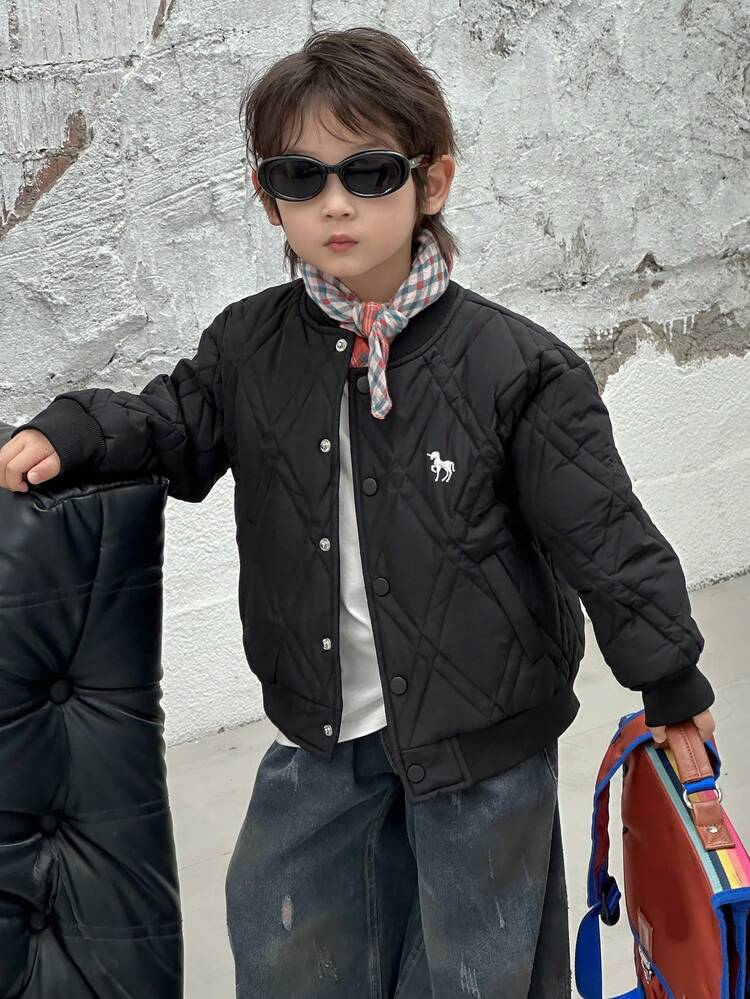 Little Boys' Round Neck Plaid Print Embroider Solid Color Padded Coat, Winter