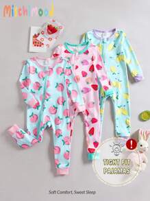 3pcs/Set Baby Girls' Spring/Summer Knit Round Neck Long Sleeve Jumpsuit, Fruit Print Design Of Peach, Lemon, Strawberry, Colorblock, Casual Homewear Set Snug Fit Fall Winter - Multicolor - View 1