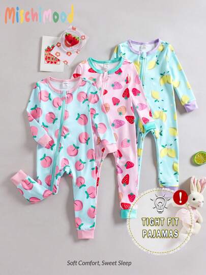 Conjunto de salto de punto de cuello redondo de manga larga para bebés niñas de primavera/verano, con diseño de estampado de frutas como melocotón, limón y fresa, en bloques de color, para uso casual en el hogar