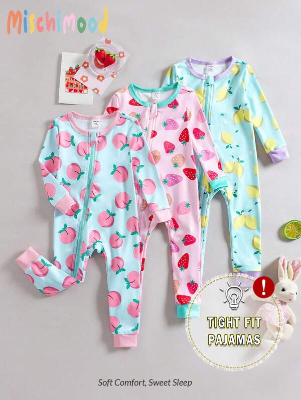 3pcs/Set Baby Girls' Spring/Summer Knit Round Neck Long Sleeve Jumpsuit, Fruit Print Design Of Peach, Lemon, Strawberry, Colorblock, Casual Homewear Set Snug Fit Fall Winter