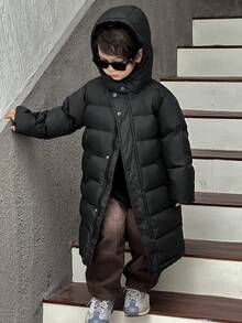 DAZY Abrigo acolchado de estilo coreano casual, suelto y de longitud media con capucha para niños pequeños - Negro - Ver 4