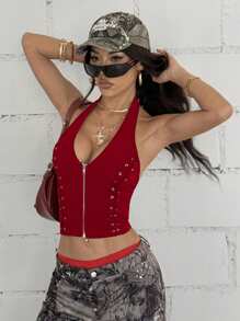 StreetHx 街头风系带拉链无袖露脐吊带上衣 - 紅色 - 查看 3