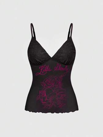 ROMWE Avant Débardeur en dentelle à imprimé lettres pour femmes, style mode été