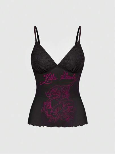 ROMWE Avant Camiseta de tirantes de mujer con estampado de letras y patchwork de encaje para el verano