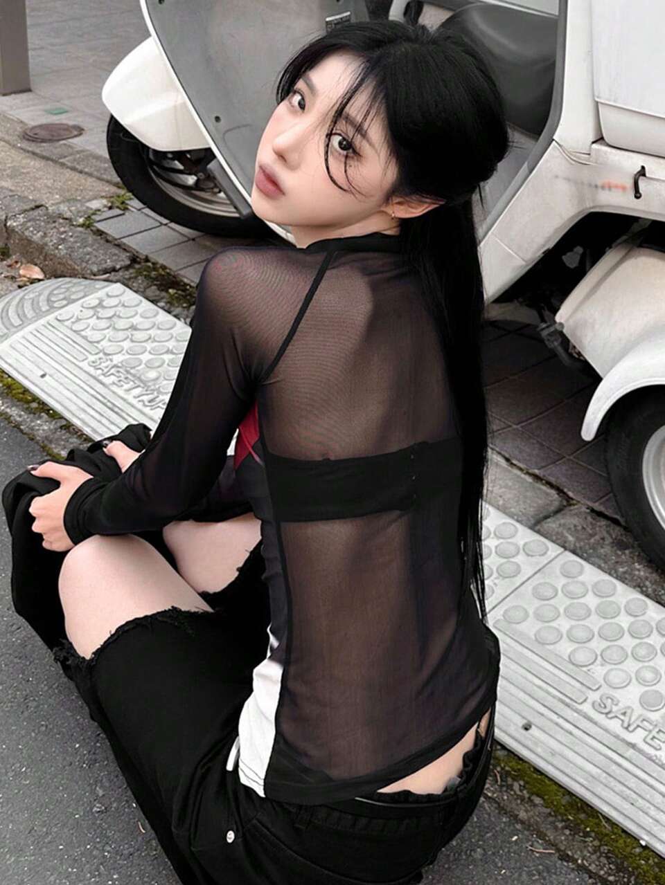 Women's Color Block Asymmetrical Printed See Through Mesh Top Going Out Tops Summer Long Sleeve Women Tops