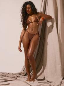 Musera Resort Crystal Hotfix Detail Triangle Bikini Set Spring Summer Vacation Sexy Boho Ibiza Festival Beach Swim Elegant Holiday - Coffee Brown - View 5