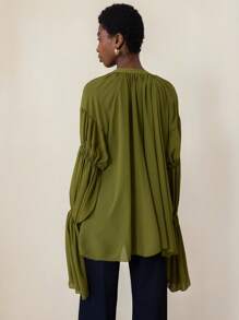 Aveloria Modichic Olive Green Blouse With V-Neck, Ruffle Trim And Lotus Sleeve Cuffs, Elegant Artistic Style & Art Casual For Autumn Walks And Cafe Chats Fall Cloth For Women - Multicolor - View 2
