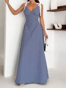 SHEIN Vestido largo de mujer para primavera y verano con hombros con lazo, alegre, para viaje y vacaciones, estampado de cuadriculado, corte evasé