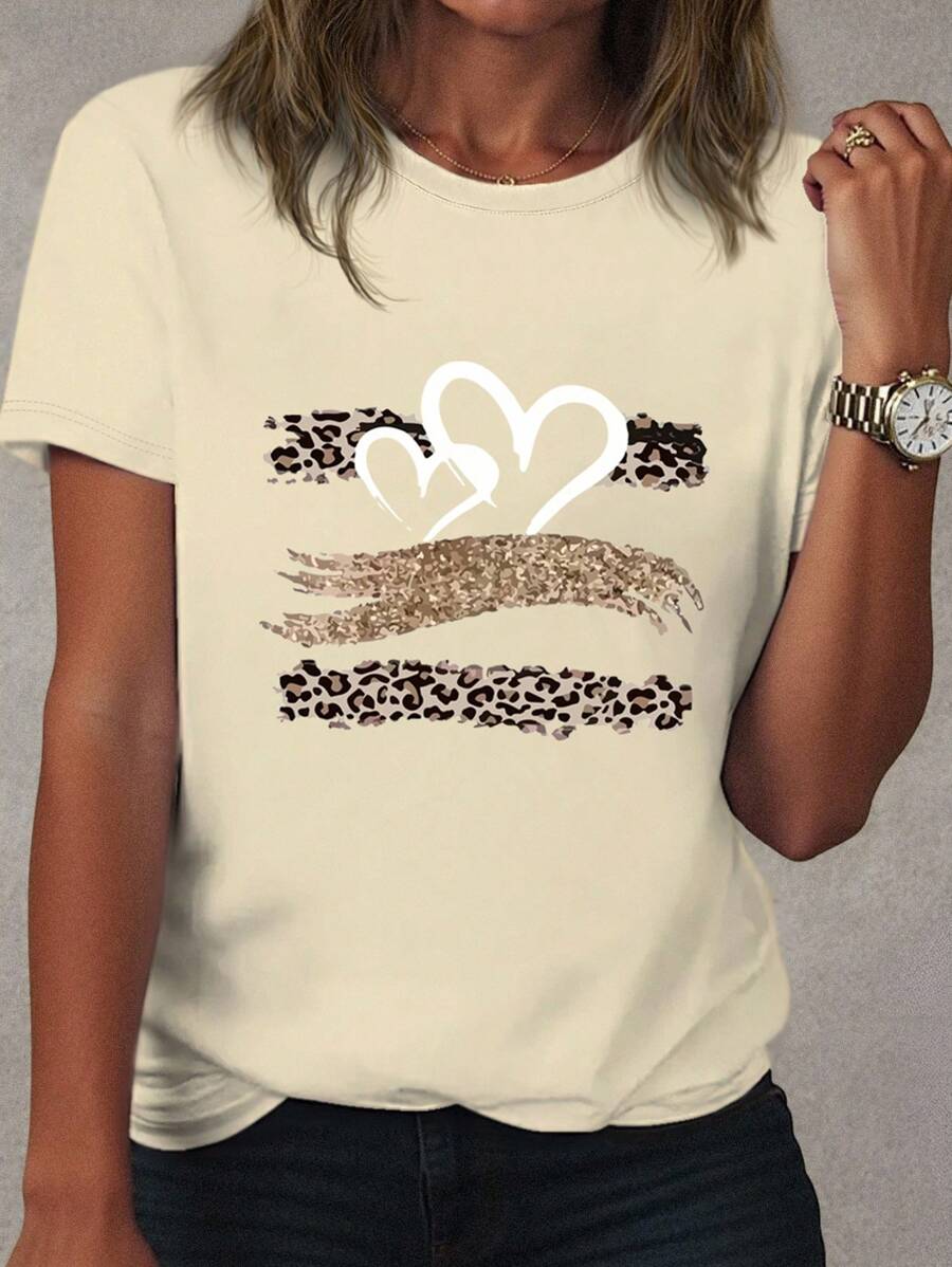 INAWLY Leopard Heart Heart Sequins Khaki Labeled Casual Women's T-Shirt - Khaki - View 1