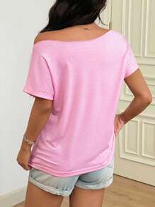 INAWLY Women's Minimalist Convertible Shoulder Crew Neck Short Sleeve T-Shirt With Hand-Made 3D Pearl Flower Tassel Pendant - Multicolor - View 2