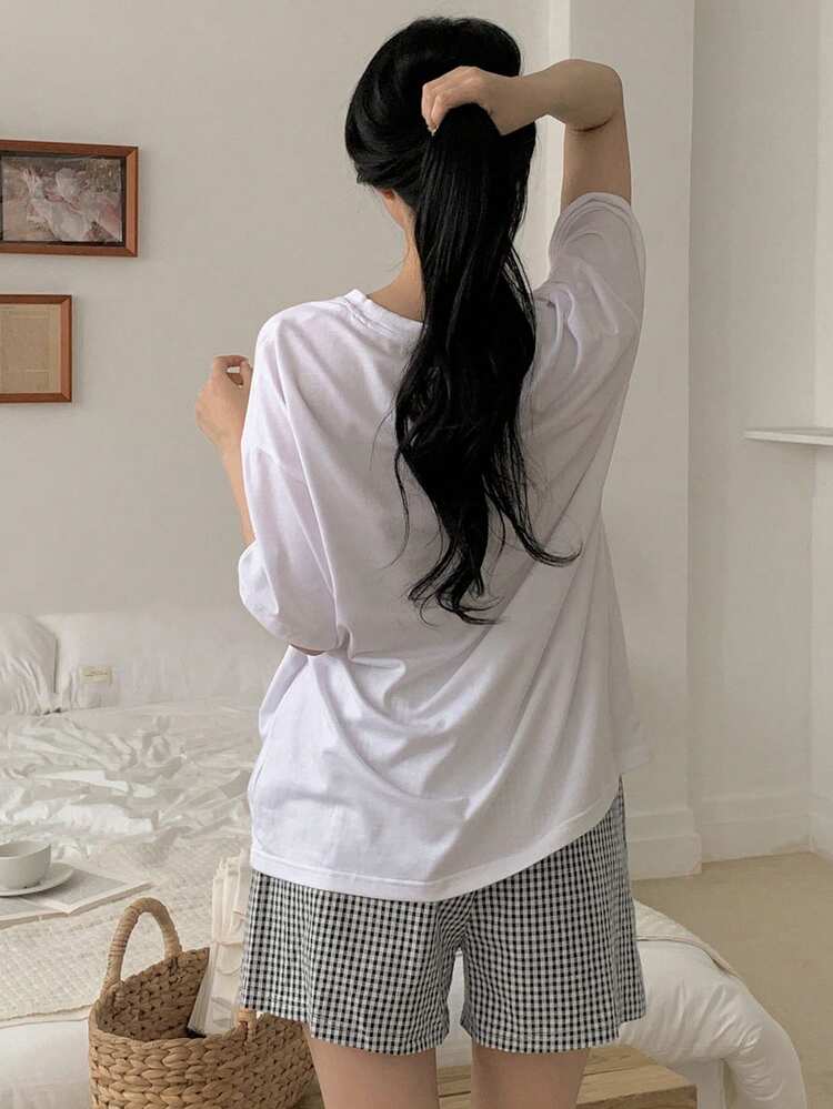 2pcs/Set Women Casual Heart & English Print Short Sleeve Plaid Shorts Suit Pajama