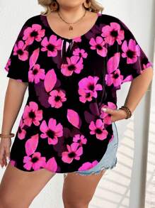 SHEIN CURVE+ Camisa de manga corta de cuello redondo suelta y casual con estampado floral, adecuada para outfits de otoño e invierno, vacaciones en el campo/playa - Multicolor - Ver 4