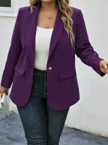 SHEIN LUNE 大码女式纯色披肩领长袖休闲西装外套紫色西装外套女式西装外套女式西装外套紫色夹克西装外套女式秋冬紫色西装外套 - 紫色 - 查看 6