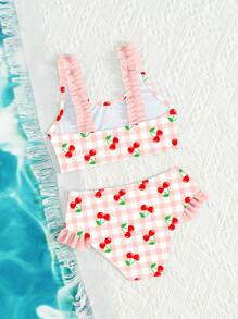 SHEIN Young Girl Strawberry Plaid Frill Trim Ruched Halter Bikini Set, Family Matching Outfits Mommy And Me (4 Pieces Sold Separately) - Multicolor - View 2