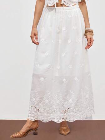 ATUI Studio 女性の夏のバカンス ボヘミアン リラックス トラベル フレンチスタイル 白 刺繍スカート エラスティックウエスト 刺繍 シンプルカジュアルスカート、女性の夏のアウトフィット、ビーチアウトフィット、バカンスアウトフィット、ブランチアウトフィット、ボヘミアン女性の服