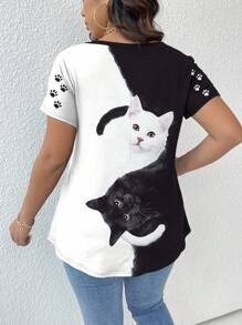 SHEIN LUNE Contrast Color Cat Animal Print Plus Size Short Sleeve T-Shirt