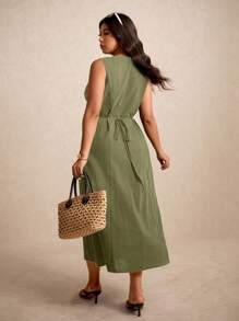 Elaquor 大码休闲纯色无袖连衣裙 - 軍綠色 - 查看 2