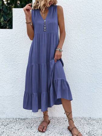 Breezaya Vestido maxi con detalle de botón y bajo con volantes para vacaciones y playa, atuendos para mujeres