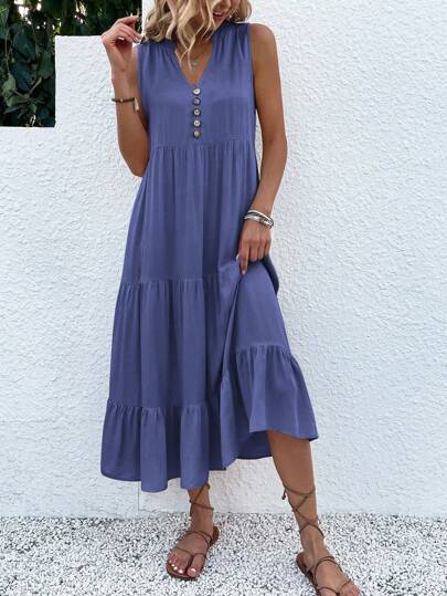 Breezaya SHEIN Holidaya Button Detail Layered Hem Smock Dress Maxi Vacation Beach Outfits Women