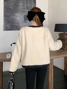 SHEIN Teen Girls Oversized Round Neck Contrast Color Button Front Teddy Bear Cardigan, Elegant & Retro Cropped Jacket Jacket For Teen Girl Cute Jacket Teddy Jacket Fuzzy Jacket Autumn Winter Clothes For Women - Apricot - View 2