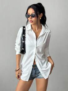 Chiquease Women's Long Embroidered Mesh Patchwork Blouse, Solid Color, Fitted, Long Sleeve, Front Open, Shirt Collar, Backless, Back Tie, Back Bow, Criss-Cross Back, Sheer Back, Embroidered Patchwork, Waist Cinched, Elegant, Casual, Work, Sexy, Luxurious, Romantic, Chic, Minimalist, Spring/Summer/Autumn