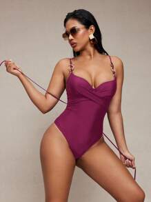 SHEIN Swim Women's Slimming Enhancing Elegant One-Piece Swimsuit With Drawstring - Red Violet - View 4