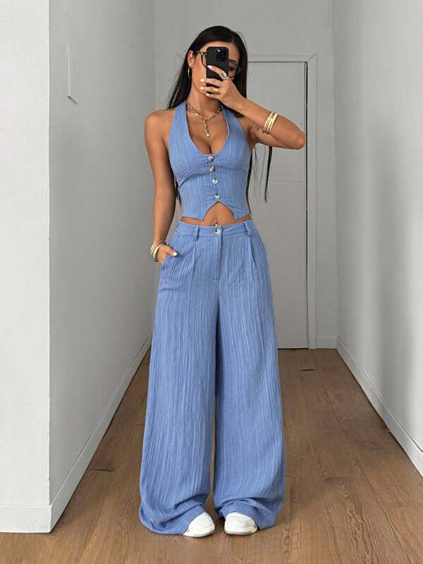 StreetHx Set de 2 bucăți pentru femei, stil streetwear, vară, culoare solidă, bluză și pantaloni