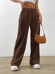 SHEIN PETITE CURVE Plus Size Women Plain Belted Pockets Straight Leg Casual Pants Women Wide Leg Pants Brown Pants For Women Women Linen Pants Loose Pants For Women Women Casual Pants - Chocolate Brown - View 5