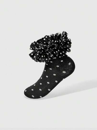 Kawaii Women's Polka Dot Ruffle Trim Casual Crew Socks