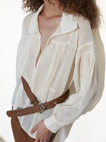 Aveloria Affinna Textured Linen-Like Sheer Pleated Lantern Sleeve Deep-V Neck Blouse, Casual And Versatile