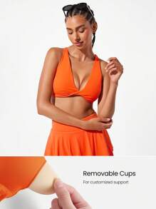 GLOWMODE FeatherFit™ Knot Stopping Co giãn mềm mịn, thấm mồ hôi, có thể tháo rời, thiết kế nút chữ V sâu, lưới tích hợp, dây đeo có thể điều chỉnh, áo ngực thể thao nâng ngực, tập yoga, pilates, barre, studio, trang phục thường ngày - Orange Ignite - Xem 4