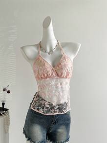 Sweetra Débardeur à bretelles en maille avec nœud papillon pour femme, idéal pour l'été - Rose bonbon - Voir 4