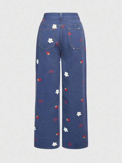 Kawaii Jeans holgados de pierna ancha, sueltos y casuales con bolsillos y estampado de fresa y floral para mujer