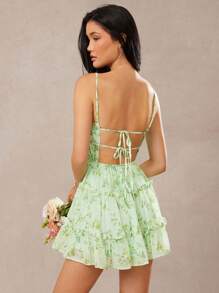 L'Amorae 碎花印花荷叶边层叠下摆细节春夏连衣裙 - 綠色 - 查看 4