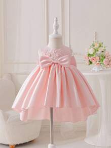Glamorique Kids 女婴缎面婚礼花童礼服白色大蝴蝶结多层花卉装饰和拖尾，适合生日派对、洗礼 - 粉色 - 查看 4