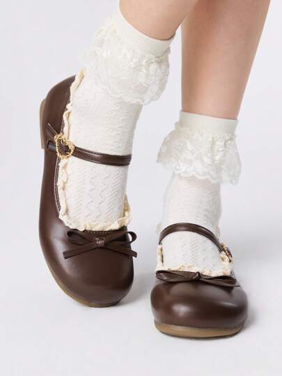 Kawaii Women's Brown Loafers, Closed Toe Mary Jane Pumps, Bow & Lace Lolita Ballet Flats