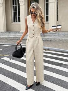 Serisse 2pcs Women Single-Breasted Vest And Pants Set, Solid Color Elegant SummerAsymmetric - Apricot - View 4