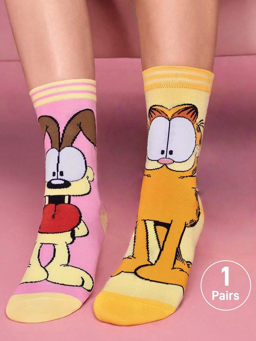 GARFIELD | SHEIN 1双柔软透气吸湿排汗休闲女士中筒袜,卡通条纹图案,时尚可爱黄色和粉色中筒袜,加固脚趾和脚跟,经久耐用,四季百搭 - 彩色 - 查看 1