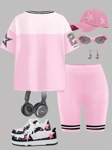 Sports Jersey Outfit, Racecar Pattern, Leopard Print, Star Graphic No. 23, Neon Pink, Teen Girl Casual Minimalist Short Sleeve Loose T-Shirt And Leggings Set, Summer