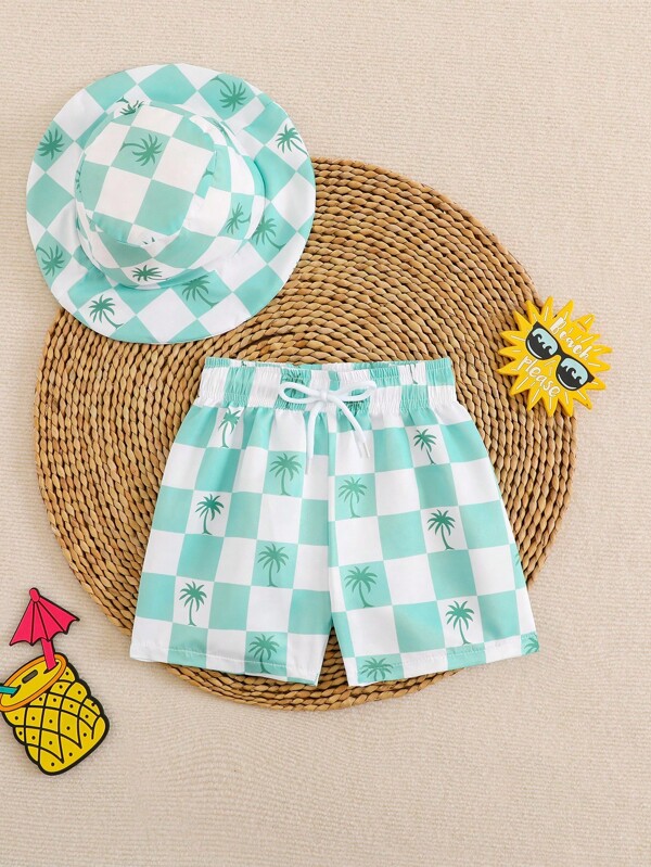 SHEIN Conjunto de Praia para Menino, Shorts de Praia Adoráveis com Estampa de Pinguim e Chapéu de Sol