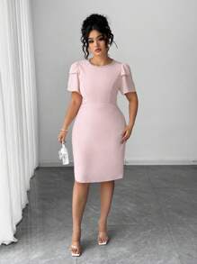 Elenzga Rochie midi elegantă pentru femei, mărime plus, culoare solidă, guler rotund, mânecă bufantă - Roz - Vizualizare 1