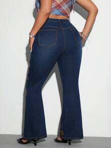 SHEIN ICON Quần Jeans Ống Loe In Hình Bướm Vàng Cỡ Lớn Cho Nữ - Màu xanh lam - Xem 2