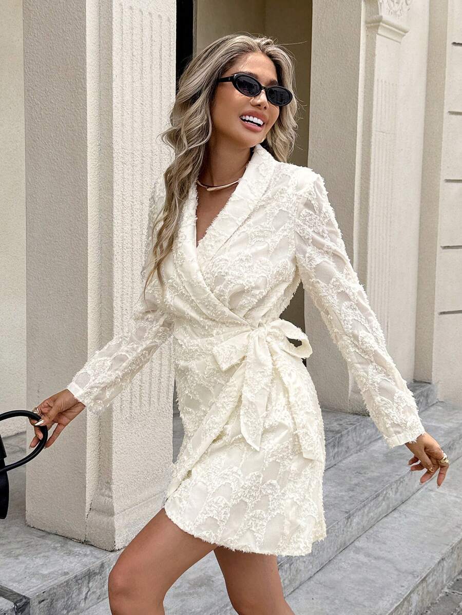 Serisse Women's Elegant Solid Textured Tie-Waist Wrap Mini Dress Winter Party Evening Dress Spring - Apricot - View 1
