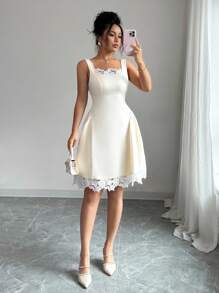 Elenzga Square Neck Splice Design Elegant Short Dress - Apricot - View 1