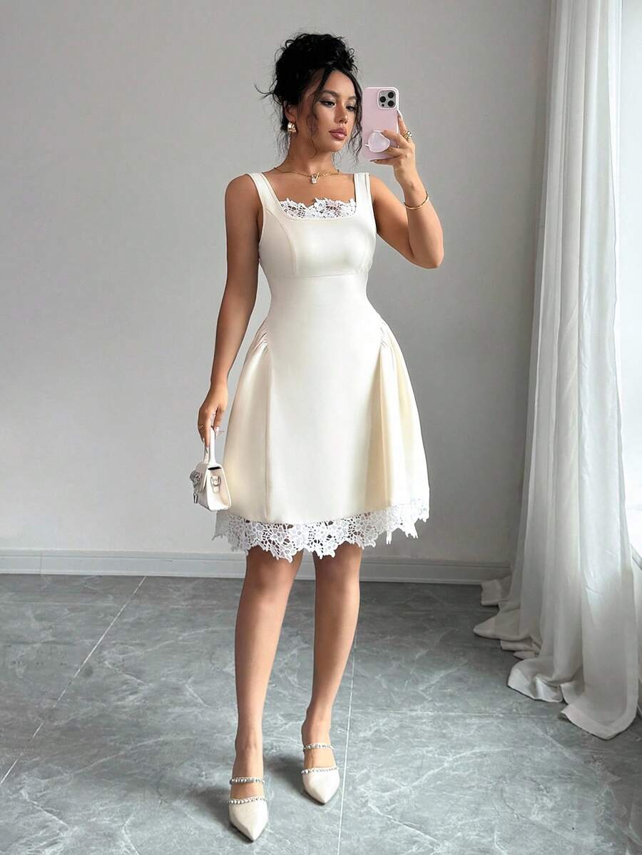 Elenzga Square Neck Splice Design Elegant Short Dress - Apricot - View 1