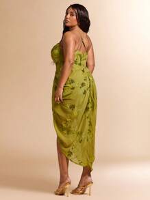 SHEIN BAE Plus Size Women Olive Green Summer Elegant Dress, Cold Shoulder Beaded Embroidered Ruched Slit Mid-Calf Wedding Guest Dress, Vintage Y2k Clothes - Green - View 6