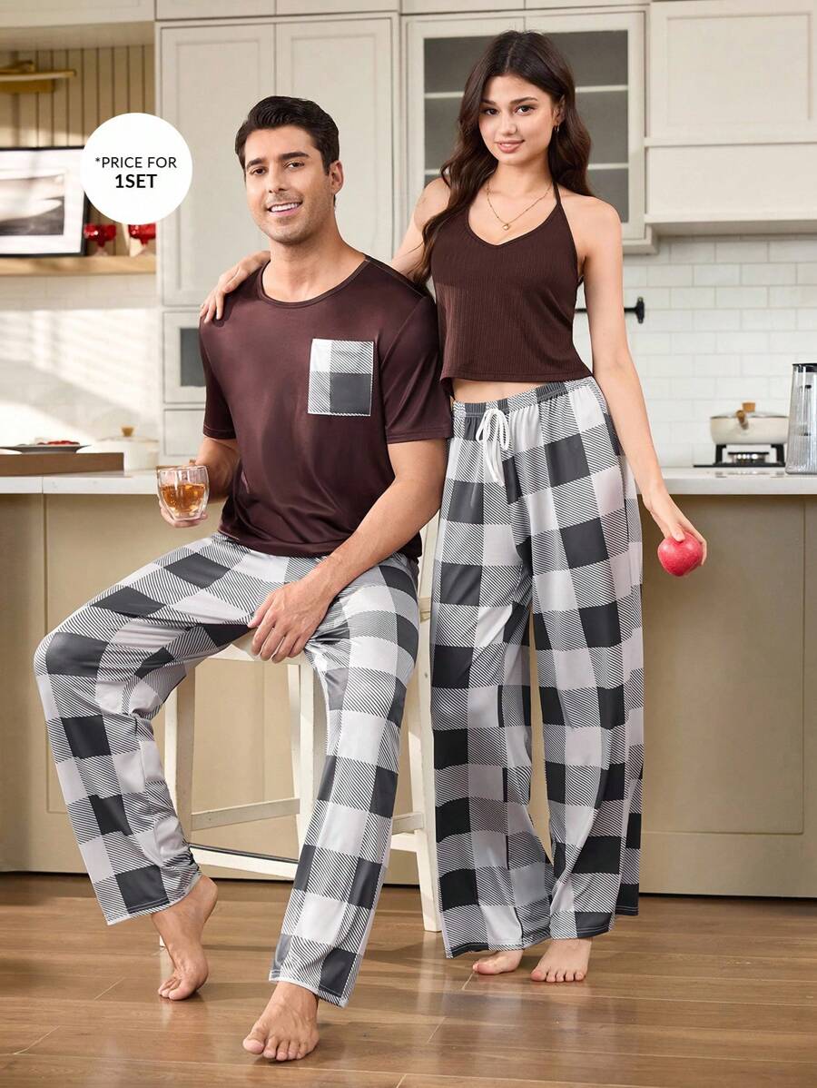 Casual Plaid Print Couple's Loungewear Set - Brown - View 1
