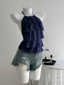 Elamini Women's Summer Solid Color Layered Ruffled Halter Neck Tank Top